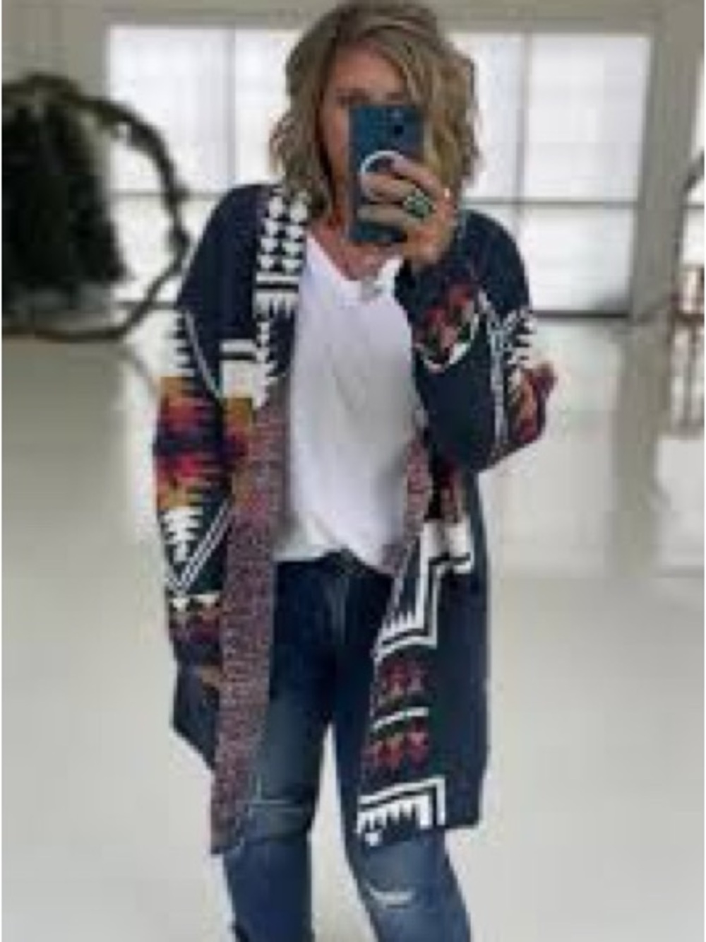 DAVI & DANI Navy Open-Front Aztec Pattern Cardigan with Multicolor Accents